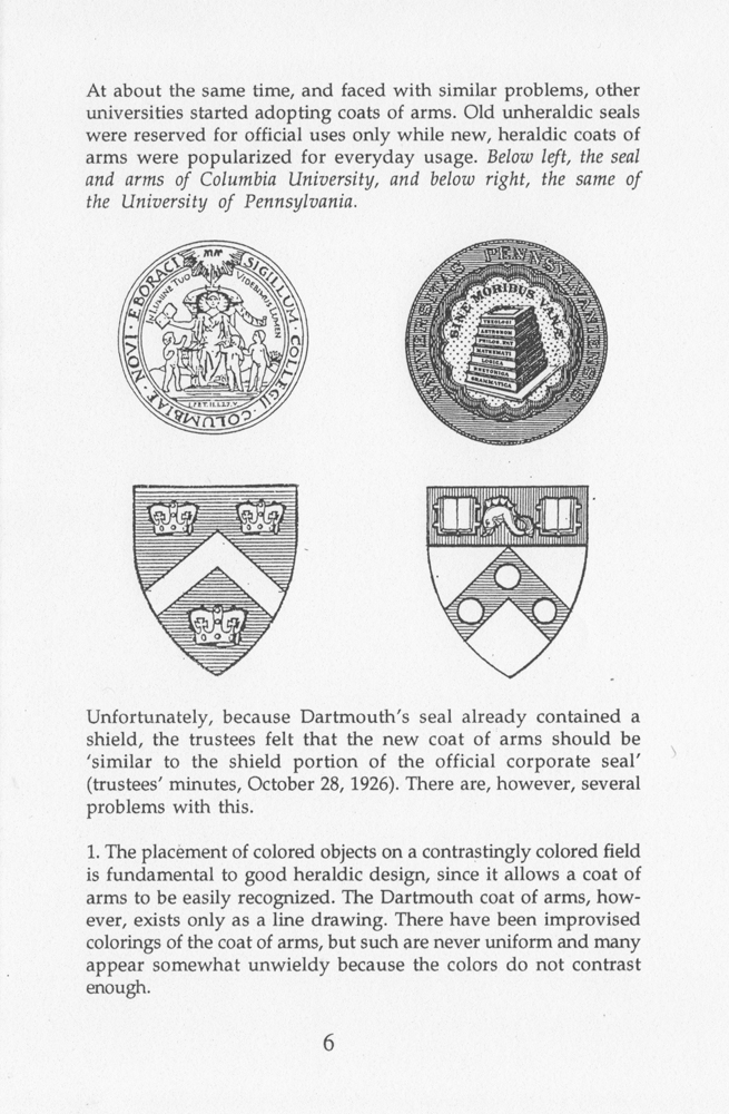 Page of pamphlet by Jonathan Good, A Proposal for a Heraldic Coat of Arms for Dartmouth College (1995)