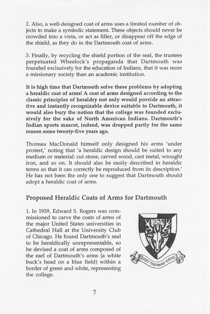 Page of pamphlet by Jonathan Good, A Proposal for a Heraldic Coat of Arms for Dartmouth College (1995)