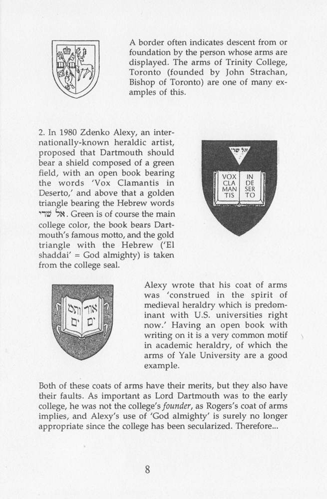 Page of pamphlet by Jonathan Good, A Proposal for a Heraldic Coat of Arms for Dartmouth College (1995)