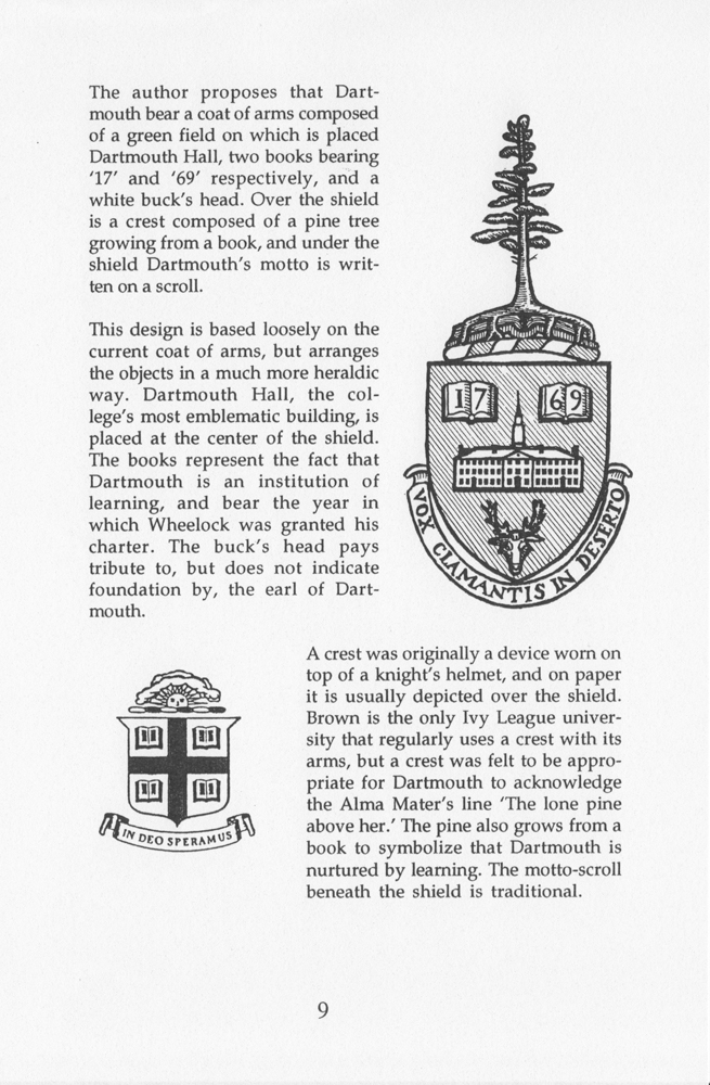 Page of pamphlet by Jonathan Good, A Proposal for a Heraldic Coat of Arms for Dartmouth College (1995)